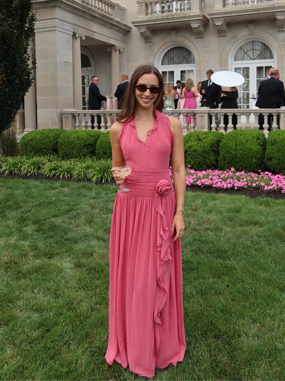 BHLDN Raspberry Pink Rosette Ruffle V Neck Open Back Halter Gown Maxi Dress 6